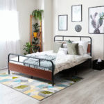 CAPHAUS Round Corner Metal Bed Frame with Modern Wood Headboard