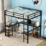 DNYN Full Size Loft Bed with Desk and Six Storage Shelves