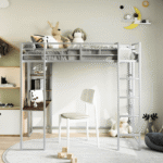 Merax Metal Loft Bed with 2 Shelves and a Desk
