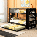 Metal Bunk Bed with Big Bookshelf & Rolling Trundle