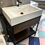 Walnut Open Shelf Vanity with Vessel Sink