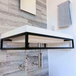 Dark Wood Vessel Sink Vanity with Shelves
