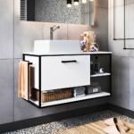 Floating White Vanity with Side Open Shelves