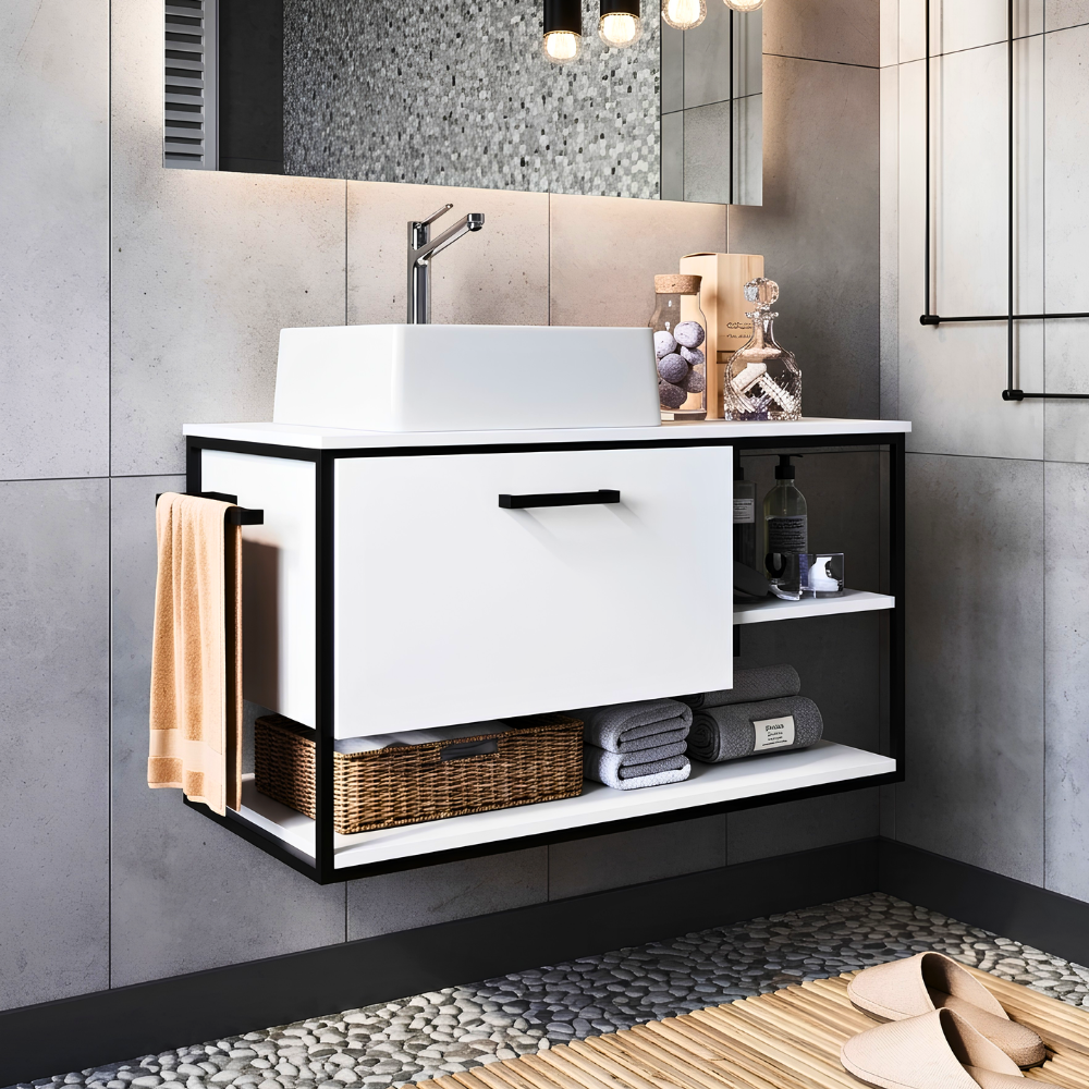 245 Floating White Vanity with Side Open Shelves - Image 1