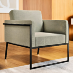 Sage Green Linen Lounge Armchair with Black Steel Frame