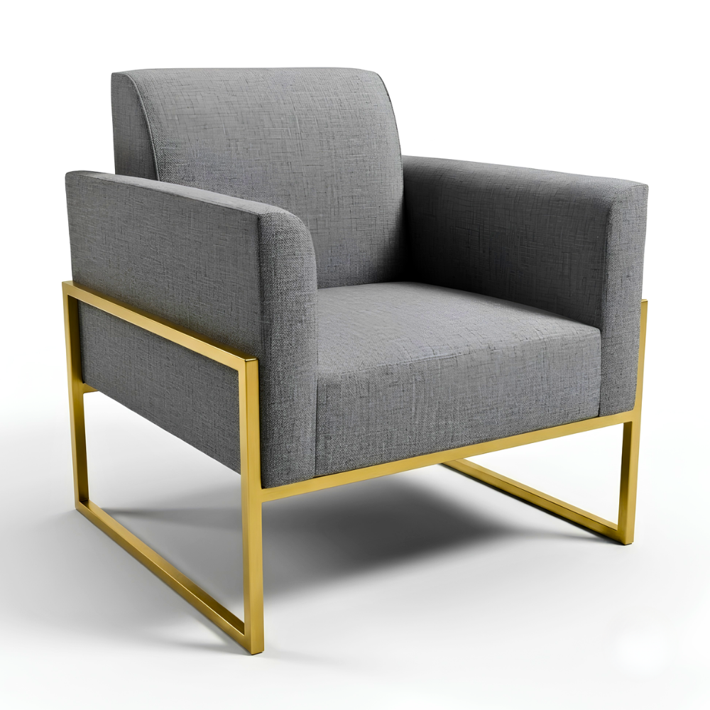 347 Grey Linen Armchair with Gold Steel Frame - Image 1