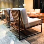 Grey Cushion Armchair with Wood Slat Back and Black Steel Frame