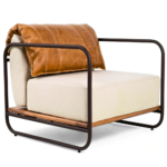 Ivory Fabric and Leather Roll-Back Armchair with Bronze Steel Frame