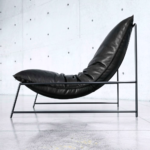 Black Leather Sling Lounge Chair with Angular Steel Frame