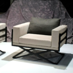 White Leather Armchair with Black X-Base Frame and Herringbone Cushion