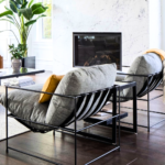 Charcoal Linen Oversized Lounge Chair with Black Strap Frame