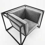 Grey Velvet Diamond-Quilted Armchair with Black Steel Frame