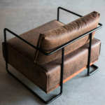 Distressed Brown Leather Armchair with Black Steel and Walnut Frame