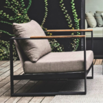 Garden Lounge Armchair with Teak Armrests and Black Steel Frame