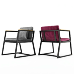 Velvet Armchair with Teak Armrests and Black Steel Frame