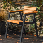 Outdoor Garden Armchair with Teak Wood Slats and Black Steel Frame