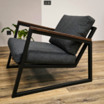 Charcoal Fabric Armchair with Walnut Armrests and Black Steel Frame