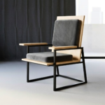 Oak Wood and Grey Velvet Armchair with Black Steel Sled Frame