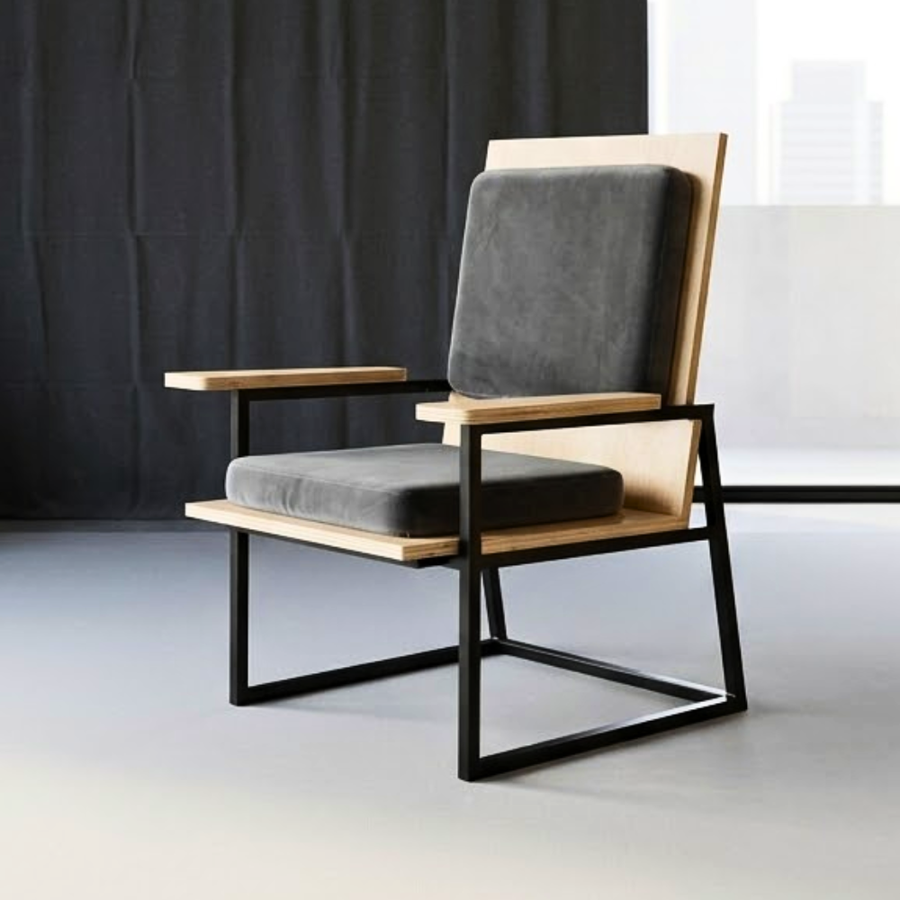 381 Oak Wood and Grey Velvet Armchair with Black Steel Sled Frame - Image 1