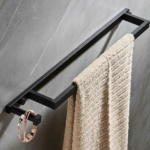 Matte Black Square Double Towel Bar with Lower Hooks