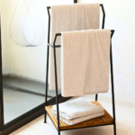 Black Steel A-Frame Freestanding Towel Rack with Bamboo Shelf