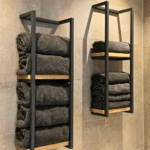 Black Steel and Oak Wall-Mounted Towel Storage Shelf