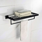 Matte Black Wall-Mounted Towel Shelf with Lower Hanging Bar