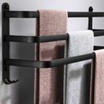 Black Steel Triple Round Bar Wall-Mounted Towel Rack with Hooks