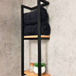 Black Steel and Bamboo Wall-Mounted 2-Tier Bathroom Shelf