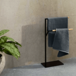 Black Steel Freestanding Double T-Bar Towel Stand with Teak Tips