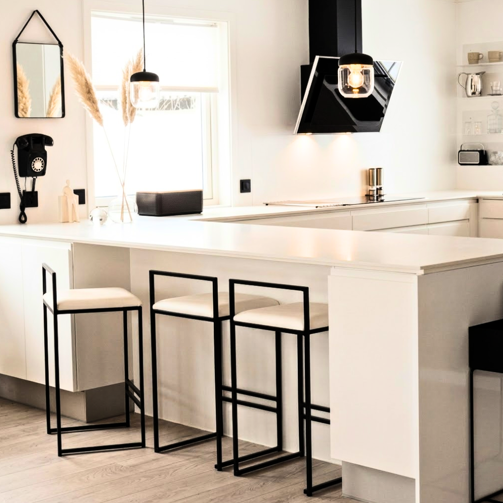 410 White Fabric Bar Stool with Low Back and Black Square Frame - Image 1