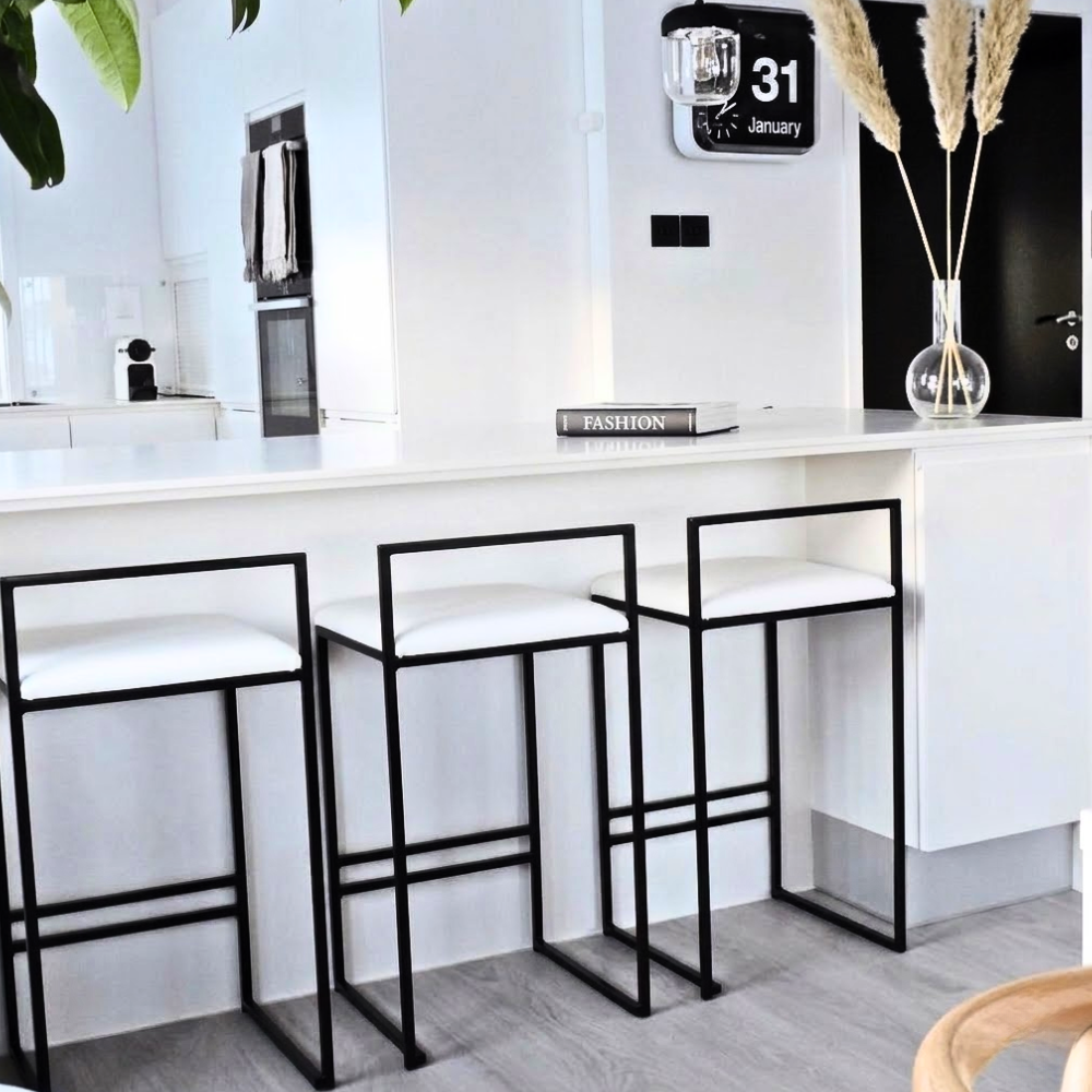 411 White Upholstered Bar Stool with Open Black Steel Frame - Image 1