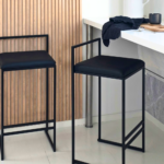 Black Leather Counter Stool with Low Back and Steel Box Frame