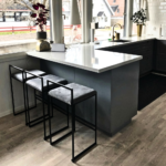 Grey Velvet Bar Stool with Low Back and Black Steel Frame