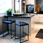 Black Leather Bar Stool with Oak Wood Back Rail and Black Frame