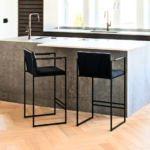 Black Leather High Bar Stool with Back Panel and Slim Steel Frame