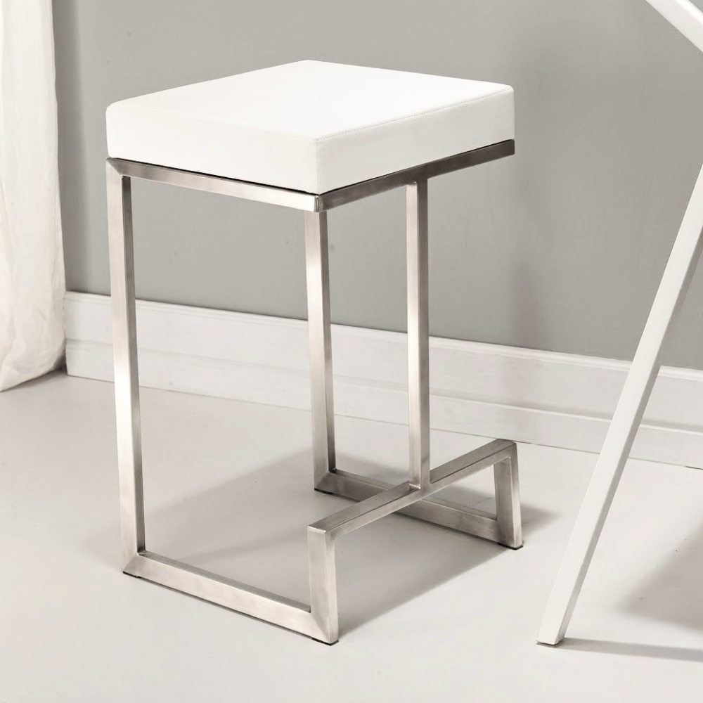 419 White Leather Backless Counter Stool with Brushed Chrome Frame - Image 1