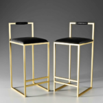 Black Leather Bar Stool with Roll Back and Brushed Gold Frame