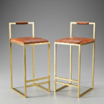 Cognac Leather Bar Stool with Roll Back and Gold Frame