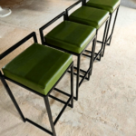 Olive Green Leather Bar Stool with Low Back and Black Frame