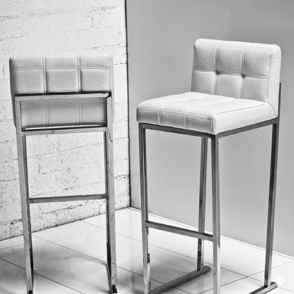 426 White Croc-Texture Leather Bar Stool with Chrome Frame - Image 1