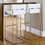 White Leather Bar Stool with Back Panel and Chrome Square Frame