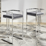 Grey Velvet Bar Stool with Low Back and Chrome Sled Frame