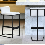 White Leather Bar Stool with Curved Back and Black Sled Frame