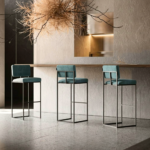 Teal Velvet Bar Stool with Back Panel and Slim Black Frame