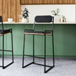 Charcoal Fabric Bar Stool with Curved Back and Oak Armrests