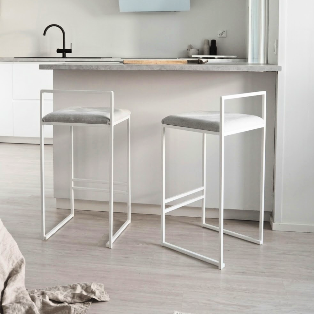 437 Light Grey Fabric Bar Stool with Low Back and White Frame - Image 1