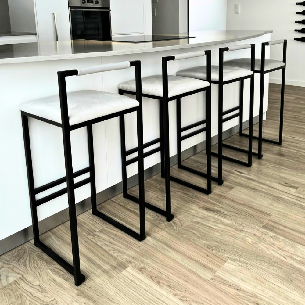 438 Off-White Leather Bar Stool with Low Back and Black Steel Frame - Image 1