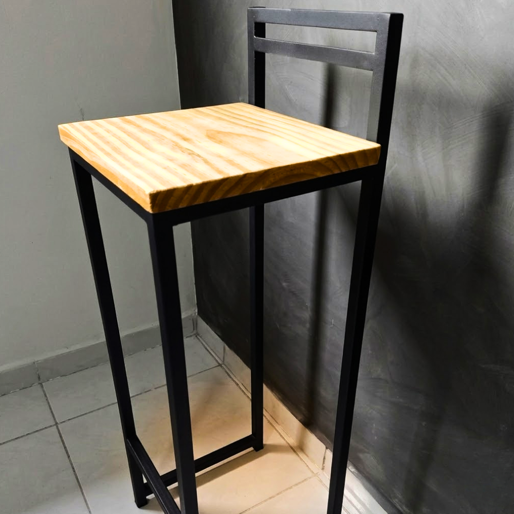 439 Natural Pine Wood Bar Stool with Backrest Rail and Black Frame - Image 1