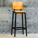Natural Wood Bar Stool with Full Wood Back and Black Steel Frame